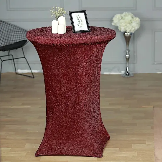 36" Metallic Fitted Spandex Cocktail Tablecloth Burgundy {2}