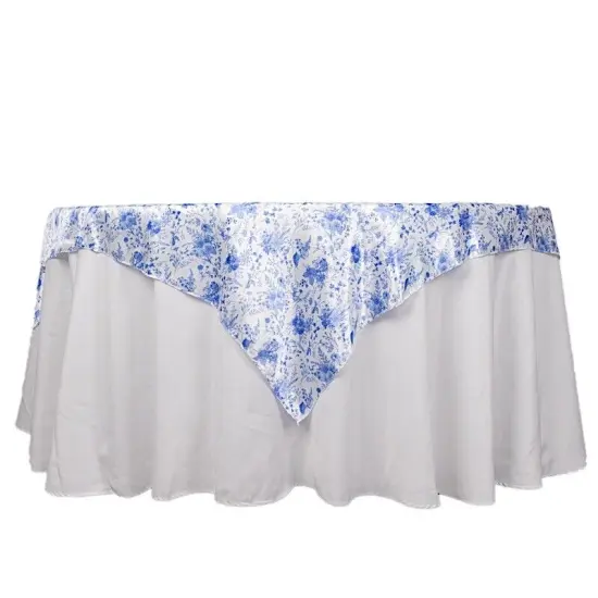 White 72x72 in Satin Square TABLE OVERLAY Blue Floral Design {1}