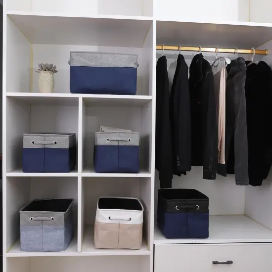 3 Pieces Collapsible Storage Bin Foldable Canvas Fabric Open Storage Basket Cube Box, Sturdy Organizer With Handles for Home, Office, Nursery, Closet Shelves（gray and navy {4}
