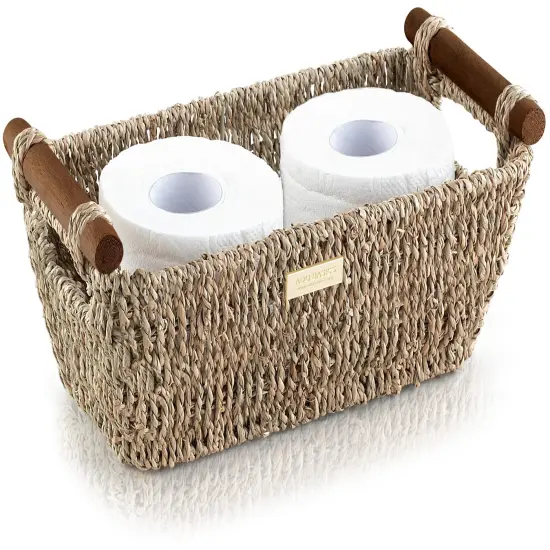 Seagrass Hand Woven Basket with Stain Resistant Polished Wooden Handles, Toilet paper Storage Wicker Baskets 12 inches Length, 6.29 inches Width, 4.25 inches Height, Natural {2}