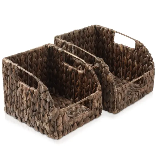 Casafield Set of 2 Water Hyacinth Pantry Baskets with Handles, Woven Storage Bin Organizers for Kitchen Shelves, Medium and Large Sizes {1}