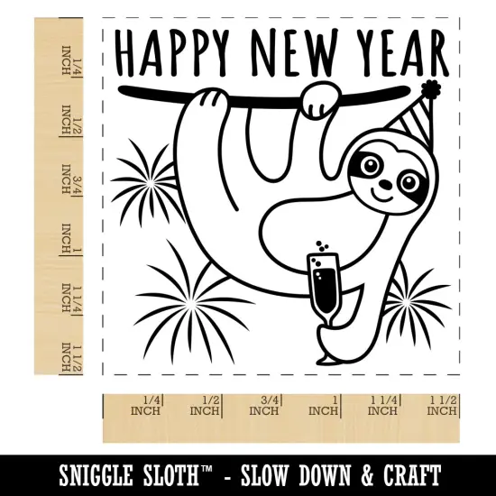 Happy New Year Sloth with Champagne Self-Inking Rubber Stamp Ink Stamper Red {1}