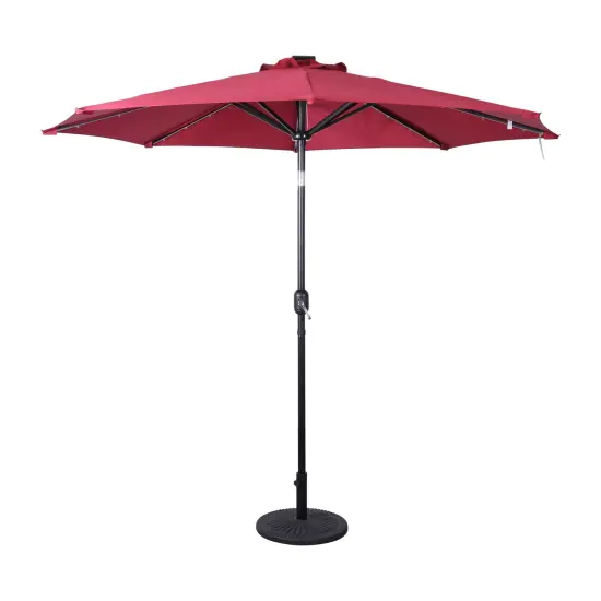 Merrick Lane Kinsley 9 FT Solar Patio Umbrella with LED Lights, Crank Handle and Push Button Tilt Red {1}