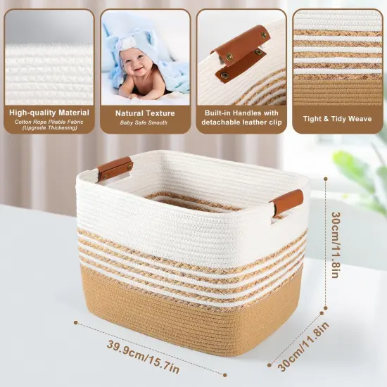 Woven Baskets for Storage Gifting, 15.7"x11.8"x11.8" Cotton Rope Basket with Handles Gift Storage Basket for Organizing Bins, Nursery Toy Laundry Blanket Basket for Living Room Closet Shelves {1}