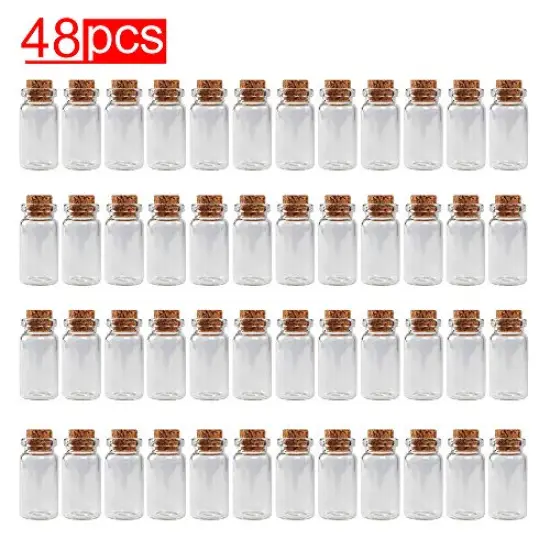 48 Pieces Mini Clear Glass Jars Bottles with Cork Stoppers for Arts & Crafts, Projects, Decoration, Party Favors - Size: 1-1/2" Tall X 3/4 Inches Diameter {1}