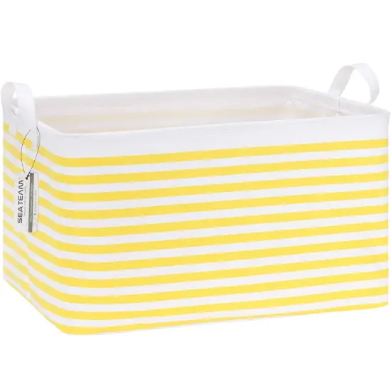 Sea Team Collapsible Canvas Fabric Storage Basket with Handles, Rectangle Waterproof Storage Bin, Box, Cube, Foldable Shelf Basket, Closet Organizer, 16.5 x 11.8 x 9.8 Inches, Yellow Stripe {1}
