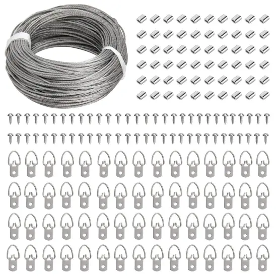 Picture Hanging Kit - 100 Feet Stainless Steel Hanging Wire, 60 Pcs D Ring Picture Hangers with Screws and 60 Pcs Aluminum Crimping Loop Sleeve for Hanging Paintings Photos {1}