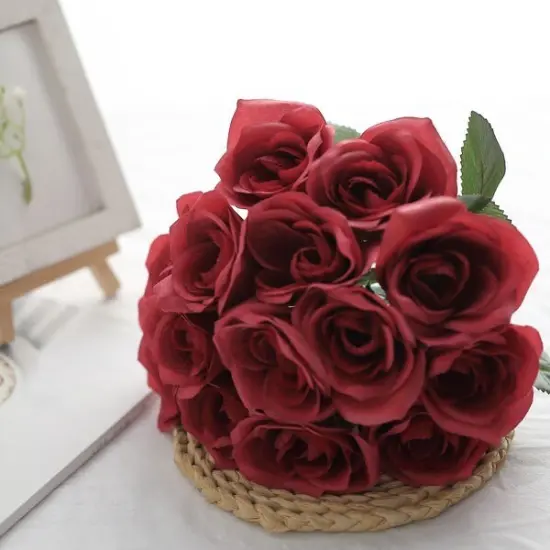 12-Inch Velvet Roses Artificial Flower Bouquet Red {1}