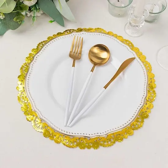 50 Metallic Gold Lace Round Disposable Paper Placemats {4}