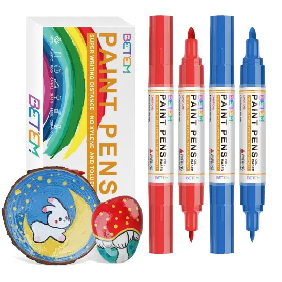 Betem Oil Based Paint Markers, Dual Tip Paint Pens(0.7mm & 3mm), Gold Silver Permanent Paint Marker Pen, Waterproof, Quick Dry, for Fabric, Rock Painting, Wood, Plastic, Metal, Canvas (2Red2Blue) {1}