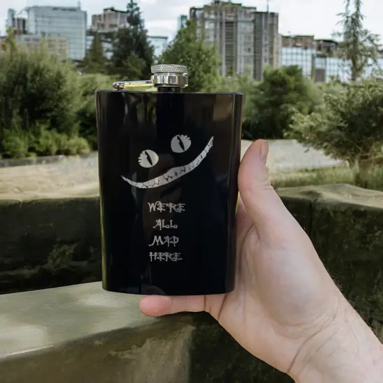 8oz BLACK We're All Mad Here Flask {5}