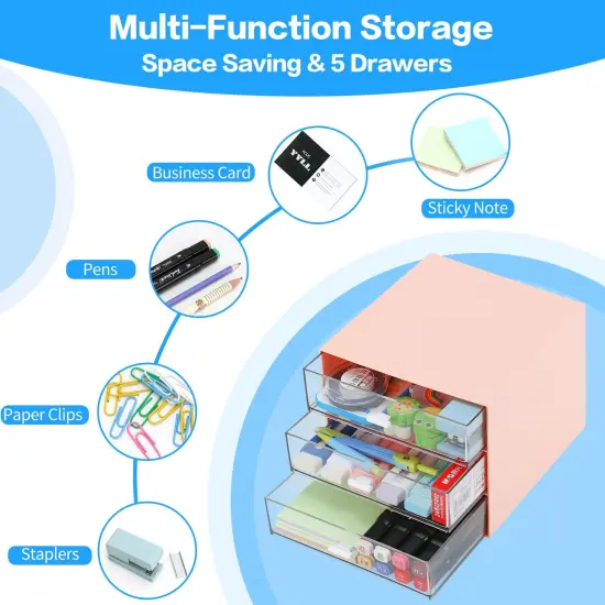 Desk Organizer with 4 Drawers, Clear Plastic Desk Storage Box, Desktop Organization for Office Supplies, Gel Pens, Pencils, Markers, Tape, Erasers, Paperclips, Chargers (Pink w 3Draws) {1}