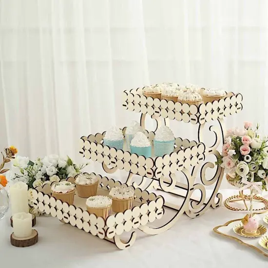 22 in Natural 3 Tier Laser Cut Rectangle Wooden Cupcake Dessert Stand {2}