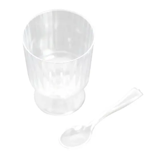 24 Clear 5 oz Disposable Ribbed Round Plastic Dessert CUPS Spoon {1}