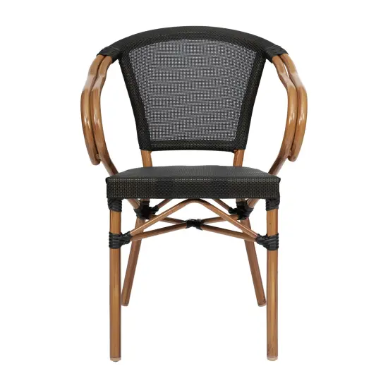 Merrick Lane Mael Set of Four Stacking Thonet Bistro Style Chair with Arms, Textilene Seat, and Bamboo Finished Metal Frame for Indoor/Outdoor Use Black/Natural Frame {6}