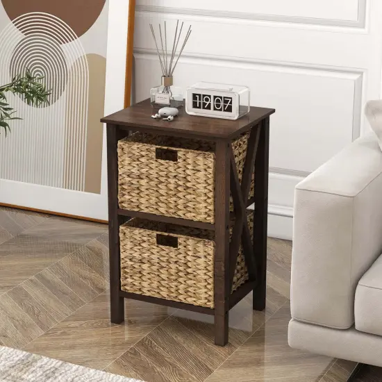 Costway 1/2 PCS 2-Tier Nightstand with 2 Seagrass Baskets Rubber Wood X-Shaped Frames 2 Drawers {2}