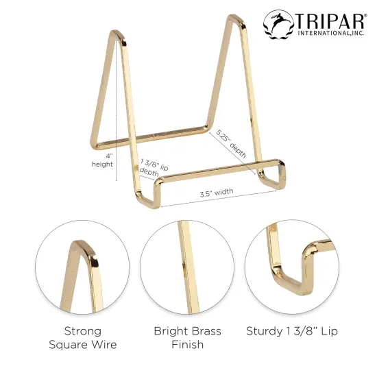 TRIPAR Square Metal Wire Stand, Brass Finish (4-Inch Depth) - Tabletop Easel Display - Handcrafted Edge Design For Sleek & Modern Look - Perfect for Books, Plates, Photos & More {4}