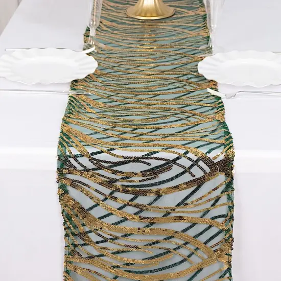 12x108 in Mesh Wavy Embroidered Sequins Table Runner Hunter green gold {1}
