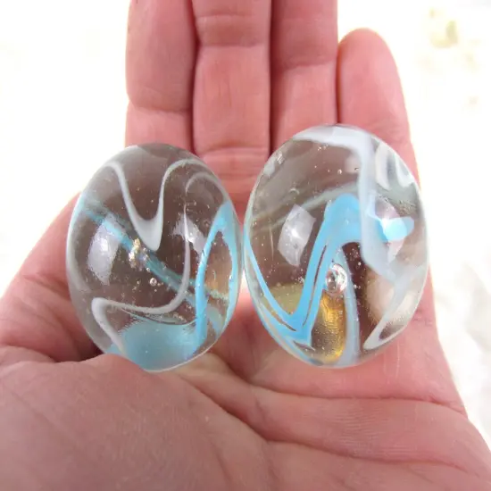 2 Boulders 35mm ARCTIC Marbles glass ball Clear Blue White Ice huge Swirl {3}