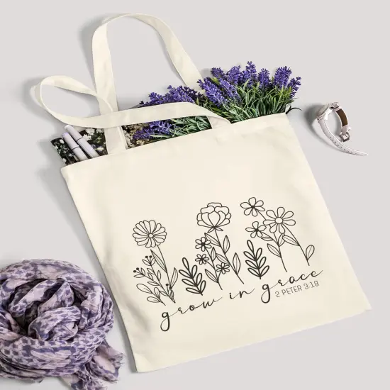 1 Pack Canvas Tote Bag Aesthetic for Women, Cute Trendy Grow in grace Reusable Cloth Cotton Bags with Handle for Grocery College Shopping Beach {3}