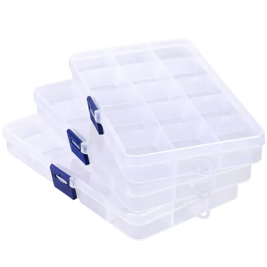 3 Pieces Fake Nail Storage Box, 15-Grid Rhinestone Organizer Case with Divider, Clear Plastic Empty Container for Art Craft Sewing Screw Rock Collection Fishing Tackle, Bead Jewelry Display Holder {3}
