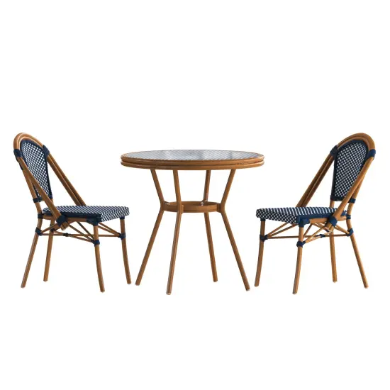 Merrick Lane Sacha Bistro Style Table with Glass Top, PE Rattan, 2 Stack Chairs, and Bamboo Finished Metal Frame for Indoor/Outdoor Use Navy&White/Natural {2}