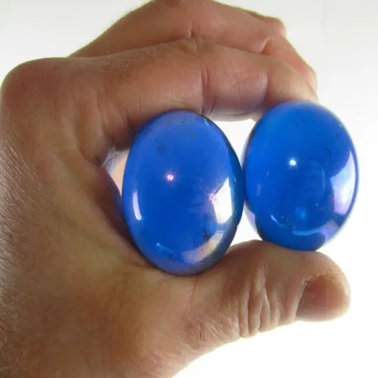2 Boulders 35mm LUSTERED BLUE Iridescent Translucent Clear Metallic Marbles glass large {5}