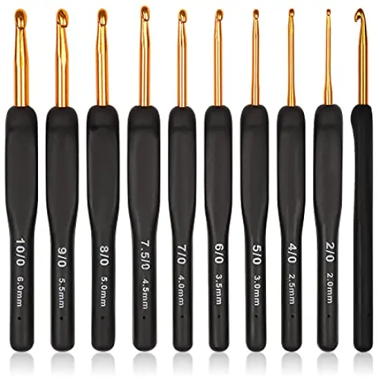 Black Gold Crochet Hooks Needles for Arthritic Hands, 2.0-6.0mm Crochet Hook Set Ergonomic Soft Grips Knitting Hook for Crochet Yarn Craft, Aluminum Knitting Crochet Supplies Kit for Knitter {2}