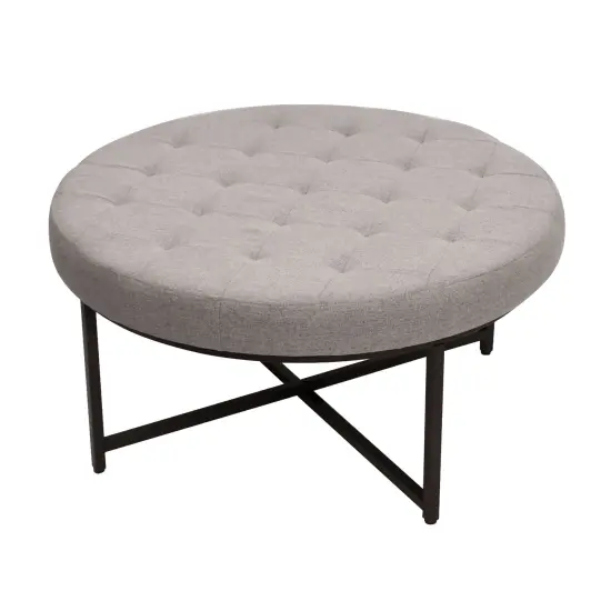 Merrick Lane Almas 34-Inch Round Tufted Cotton Linen Ottoman with Durable Metal Frame Gray {1}