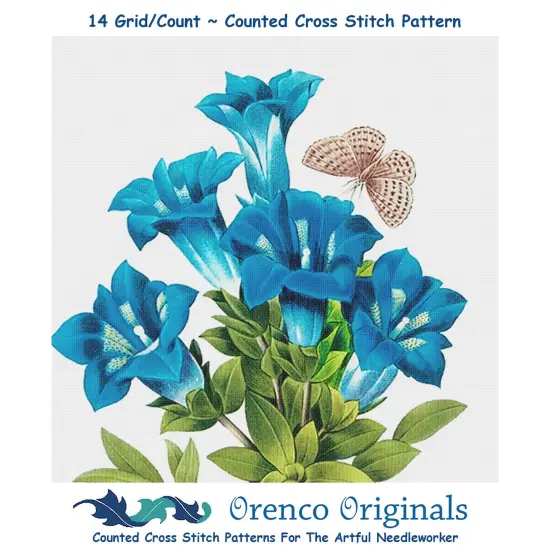 Orenco Originals Redoute Blue Gentian Flower Counted Cross Stitch Pattern {1}