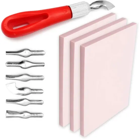 Pixiss Stamp Carving Kit, 3 Rubber Blocks, Brayer, Lino Carver, Knife Kit, 15 Ink Pads {2}