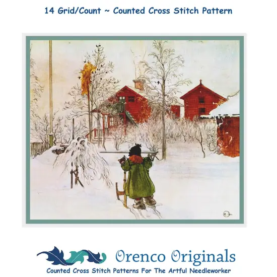 Scandinavian Carl Larsson Yard Wash House in Snow Counted Cross Stitch Pattern {1}