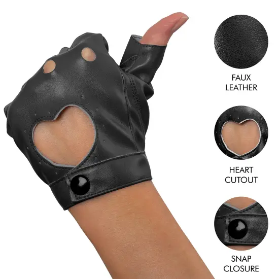 Fingerless Biker Jazz Gloves - 80s Style Gothic Black Faux Leather Punk Biker Gloves with Heart Cutout for Women and Kids {5}