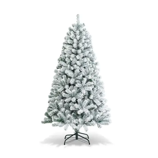 6 Feet Artificial Snow Decorated Flocked Hinged Christmas Tree with Metal Stand {1}