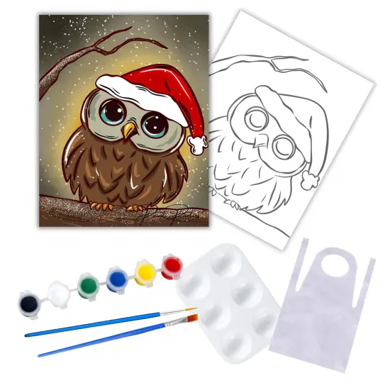 "Christmas Owl" DIY Canvas Art Kit, Adult Beginner, Acrylic Paint Size 11x14 inch {1}