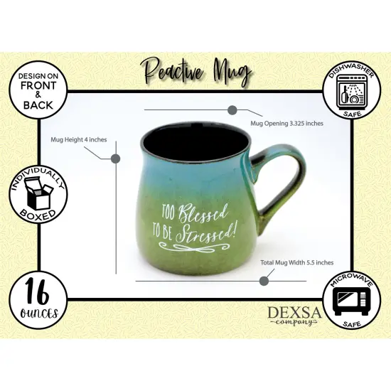 Dexsa Blessed Coffee Tea Soup Ceramic Mug | Too blessed to be stressed! | 16 ounce Designer Mug with Inspiring Sentiment | Elegant Pottery Look {5}