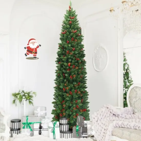 7.5 Feet Pre-lit Hinged Pencil Christmas Tree with Pine Cones Red Berries {3}