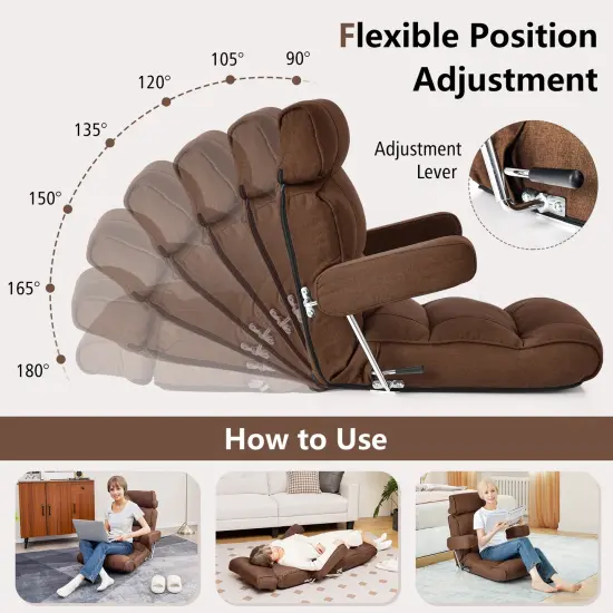 Foldable Floor Sofa Chair with 6-Position Adjustable Headrest and Metal Frame Brown {5}