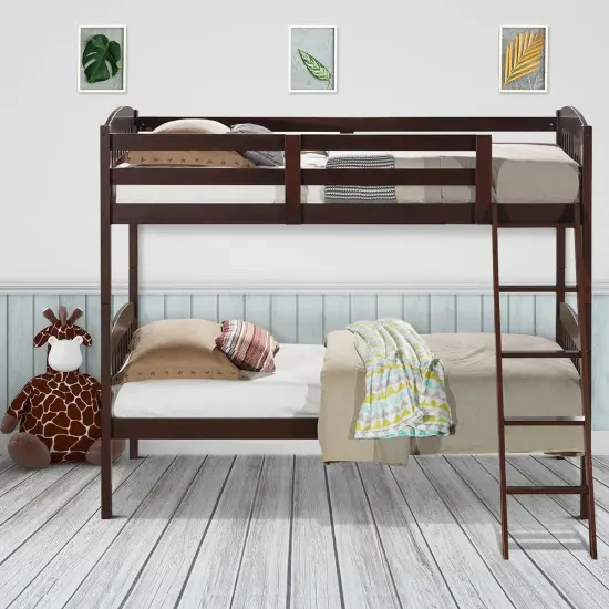 Wood Bunk Bed Twin with Inclined Ladder, Convertible, Safe and Space-Saving Brown {2}