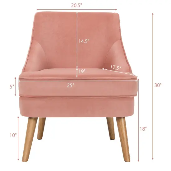 Soft and Comfortable Velvet Upholstered Accent Chair with Ergonomic Curved Backrest and Wooden Legs Pink {3}