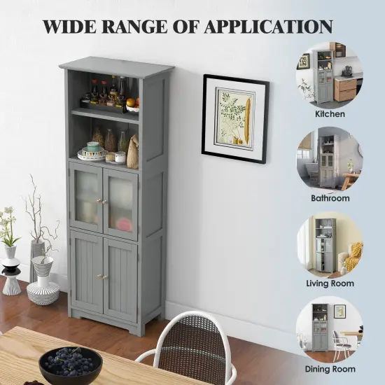 6-Tier Freestanding Bathroom Cabinet with 2 Open Compartments and Adjustable Shelves-Gray {5}