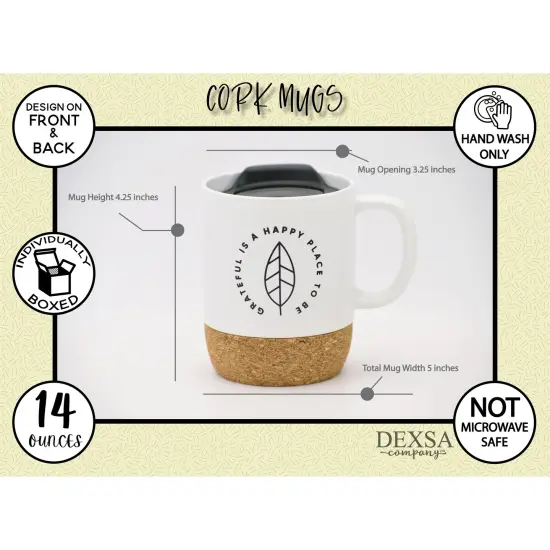Dexsa Grateful Is A Happy Place Designer Cork Bottom Mug with Lid - 14 oz {5}