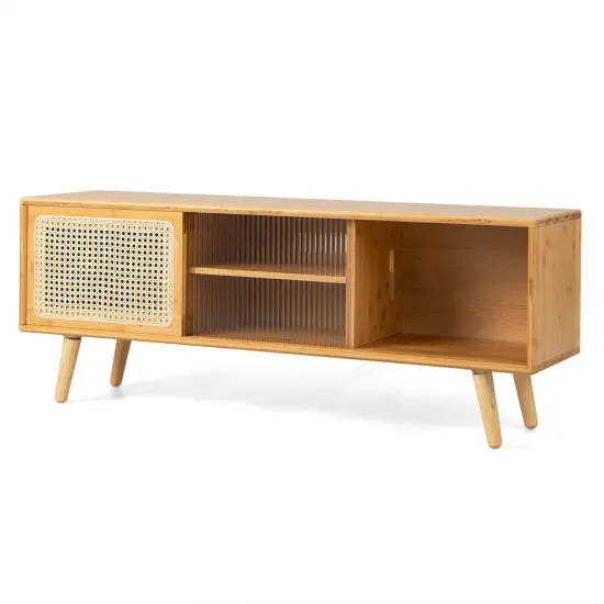 Modern TV Stand with Rattan Glass Sliding Doors-Natural {1}