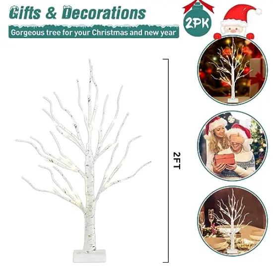 2 FT Birch Tree with LED Lights, Warm White Light up Tree Lamp, Fairy Light Spirit Tree for Xmas Indoor Home Table Fireplace Decor, Battery Powered, 6H/18H Timer (2PK) {4}