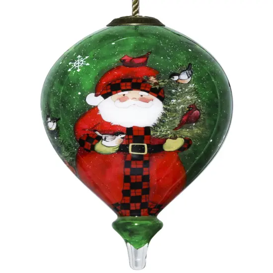 Woodland Plaid Santa Hand Painted Glass Hanging Ornament {1}