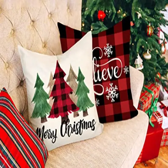 4TH Emotion Buffalo Christmas Pillow Covers 18x18 Set of 4 Red Black Farmhouse Christmas Decorations Believe Merry Christmas Wonderful Winter Holiday Decor Throw Cushion Case for Home Couch S22C38 {6}