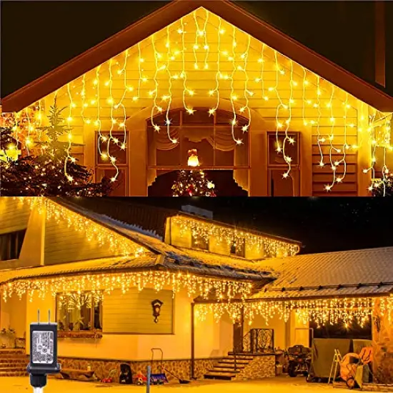 Icicle Lights Christmas Lights Outdoor 49.2Ft 440 LED Extendable Dripping Lights 8 Mode Warm White Icecycle String Lights Cascade for Indoor Outside Xmas Holiday House Decor, Clear Wire {2}