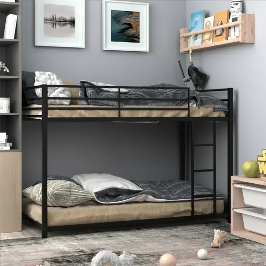 Steel Twin Bunk Bed with Ladder and Guardrails Black {3}