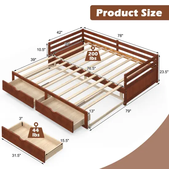 Wood Extendable Daybed with Storage Drawers and Slats Brown {5}