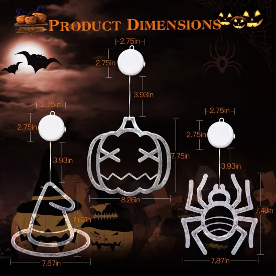 Halloween Window Light - 3 Pack of Spider Witch Hat Pumpkin Orange Light | Hanging Halloween Decoration Light with Suction Cup and Hanging Holes {6}